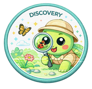 Discovery: "Achievement badge titled 'DISCOVERY' featuring a turtle with a magnifying glass looking at a butterfly."