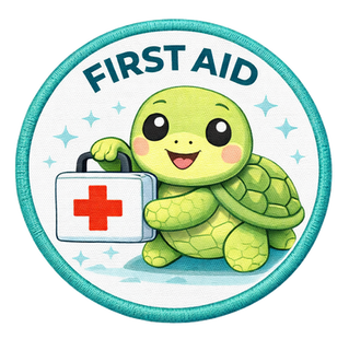 First Aid: "Achievement badge titled 'FIRST AID' featuring a turtle with a medical kit."