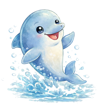 Smiling cartoon dolphin leaping out of blue water, with splashes and small bubbles around it.