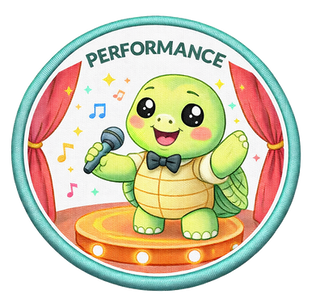 Performance: "Achievement badge titled 'PERFORMANCE' featuring a turtle in a tuxedo on a stage."