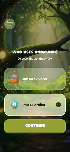 Unomundi app onboarding screen showing the option to select a Guardian account to get started