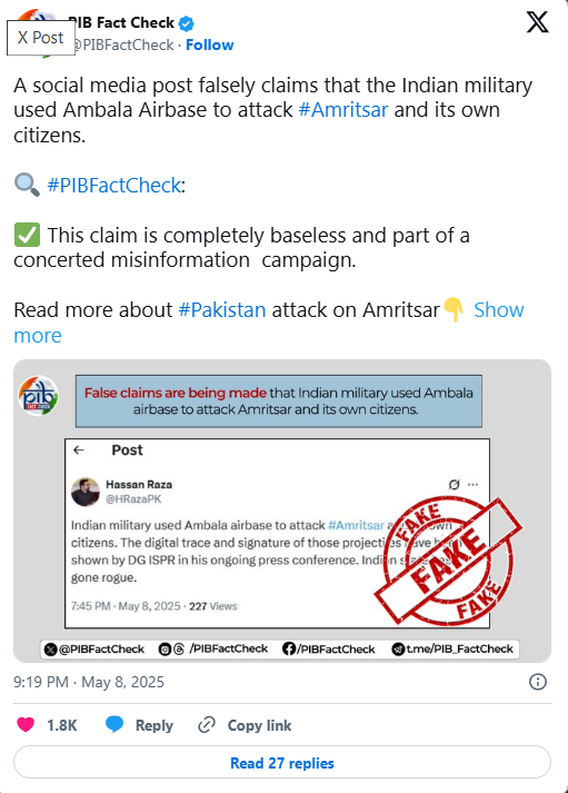 Indian military using Ambala airbase to attack Indians is fake