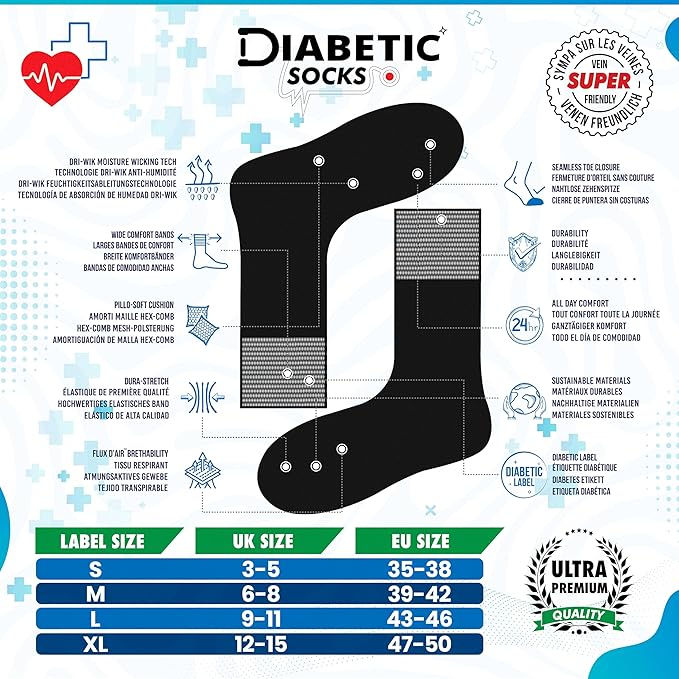 SOXCO Black Crew Length Diabetic Socks - Non-Binding, Gentle Stretch