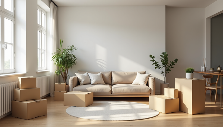 High angle view of a living room with unpacked boxes and furniture arranged neatly
