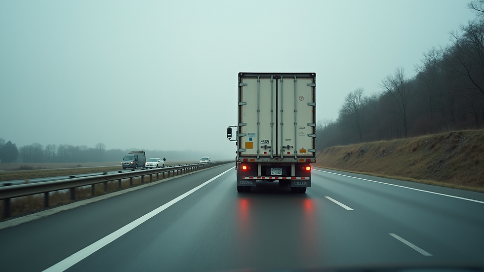 Eye-level view of a freight truck on a highway transporting cargo