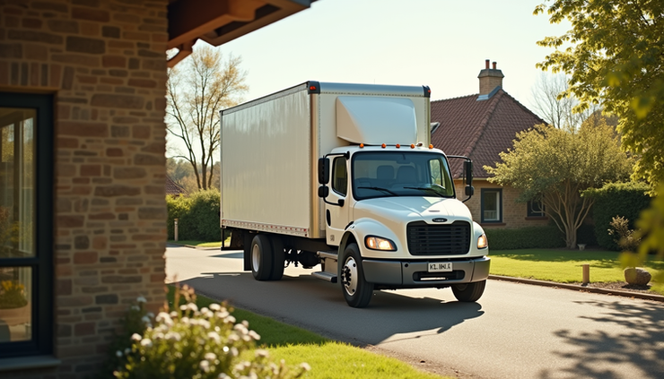 Eye-level view of a moving truck parked outside a sunny suburban home
