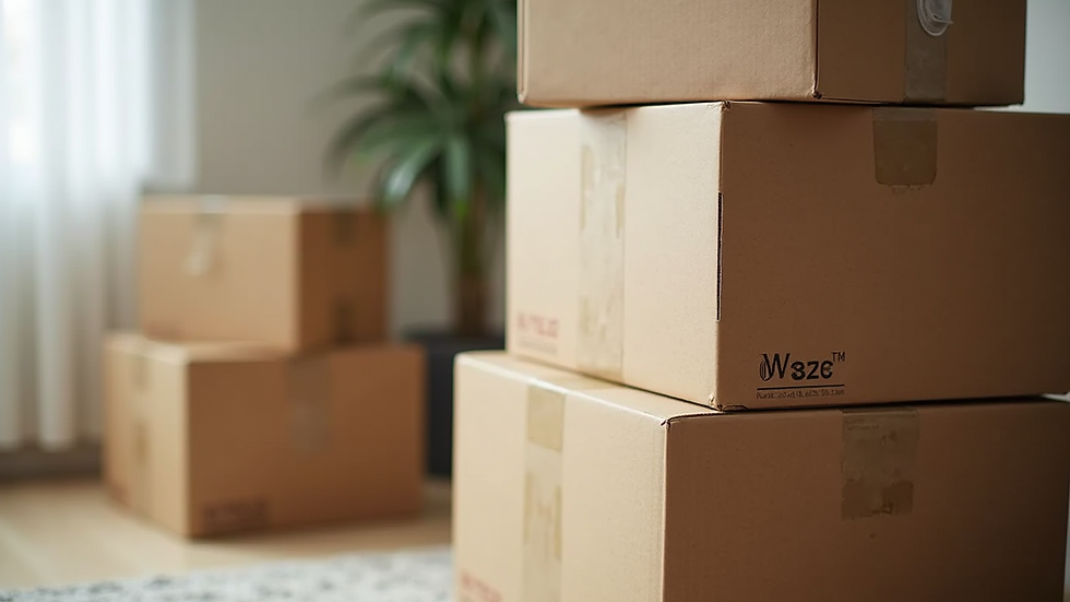 Close-up view of moving boxes stacked neatly in a living room