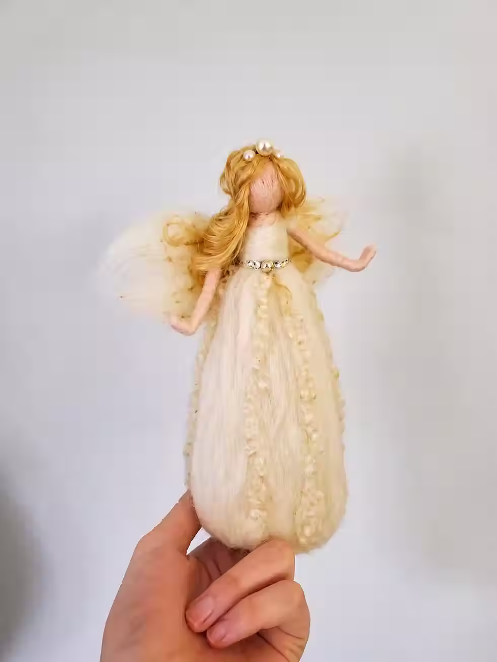 Thumbnail: Needle Felted White Angel Christmas Tree Topper, Crystals, Pearls
