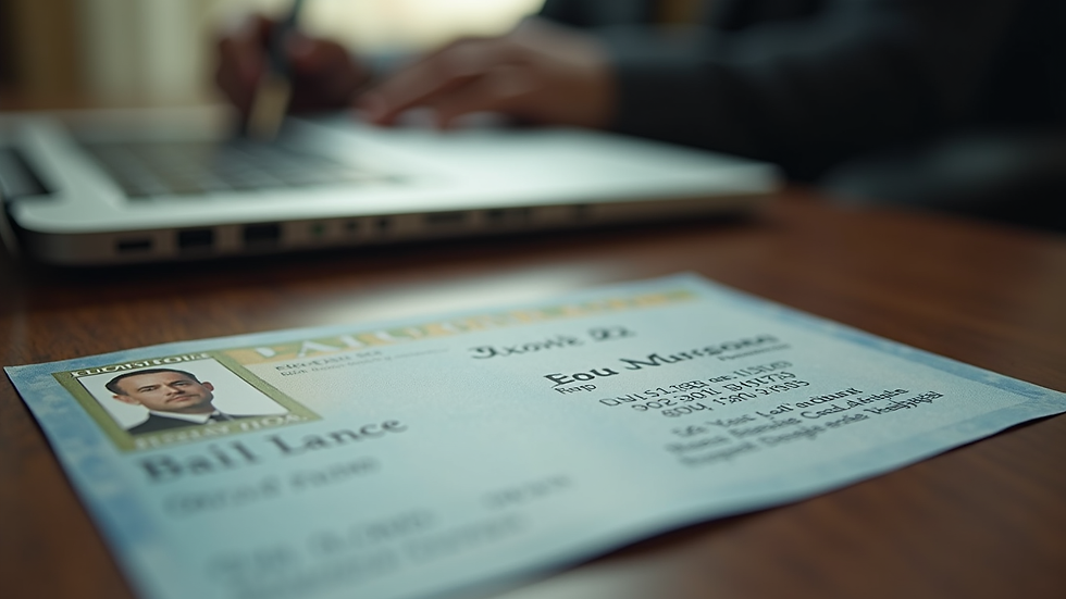 Close-up view of a bail bondsman’s license and business card on a desk