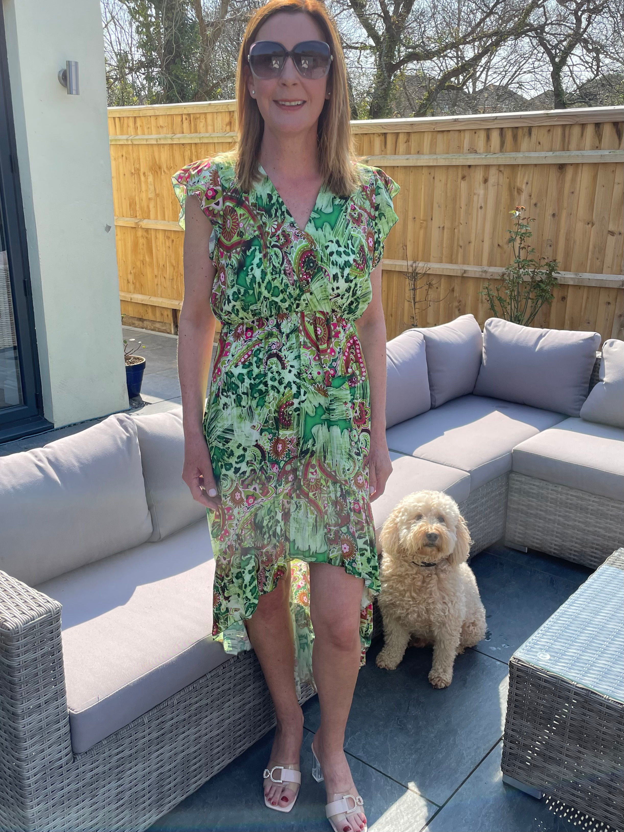 Green Patterned High Low Dress