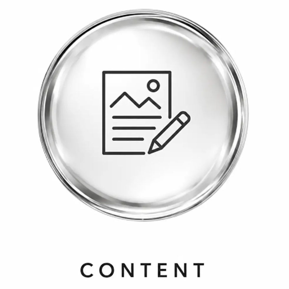 Minimalist chrome icon representing Lowsky Media’s content strategy and content creation services, including editorial planning, content pillars, copywriting, campaign planning, photography planning, videography planning and multi-platform content development.