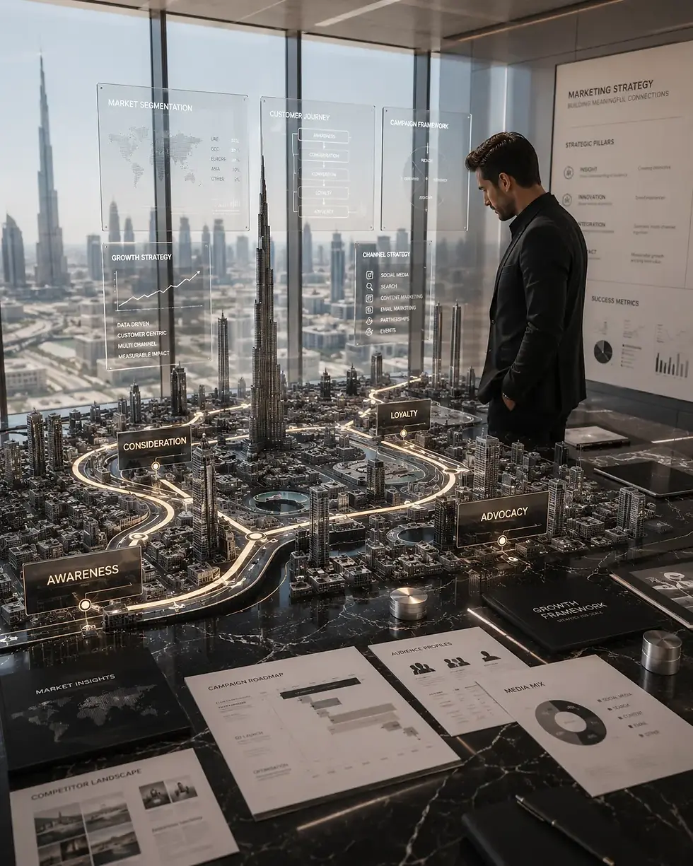 Luxury marketing strategy illustration depicting customer journey planning through an architectural model of Dubai. The visual represents marketing strategy, campaign planning, customer journey mapping, audience segmentation, competitor analysis, conversion pathways and sustainable business growth, demonstrating how Lowsky Media plans connected marketing ecosystems before execution begins.