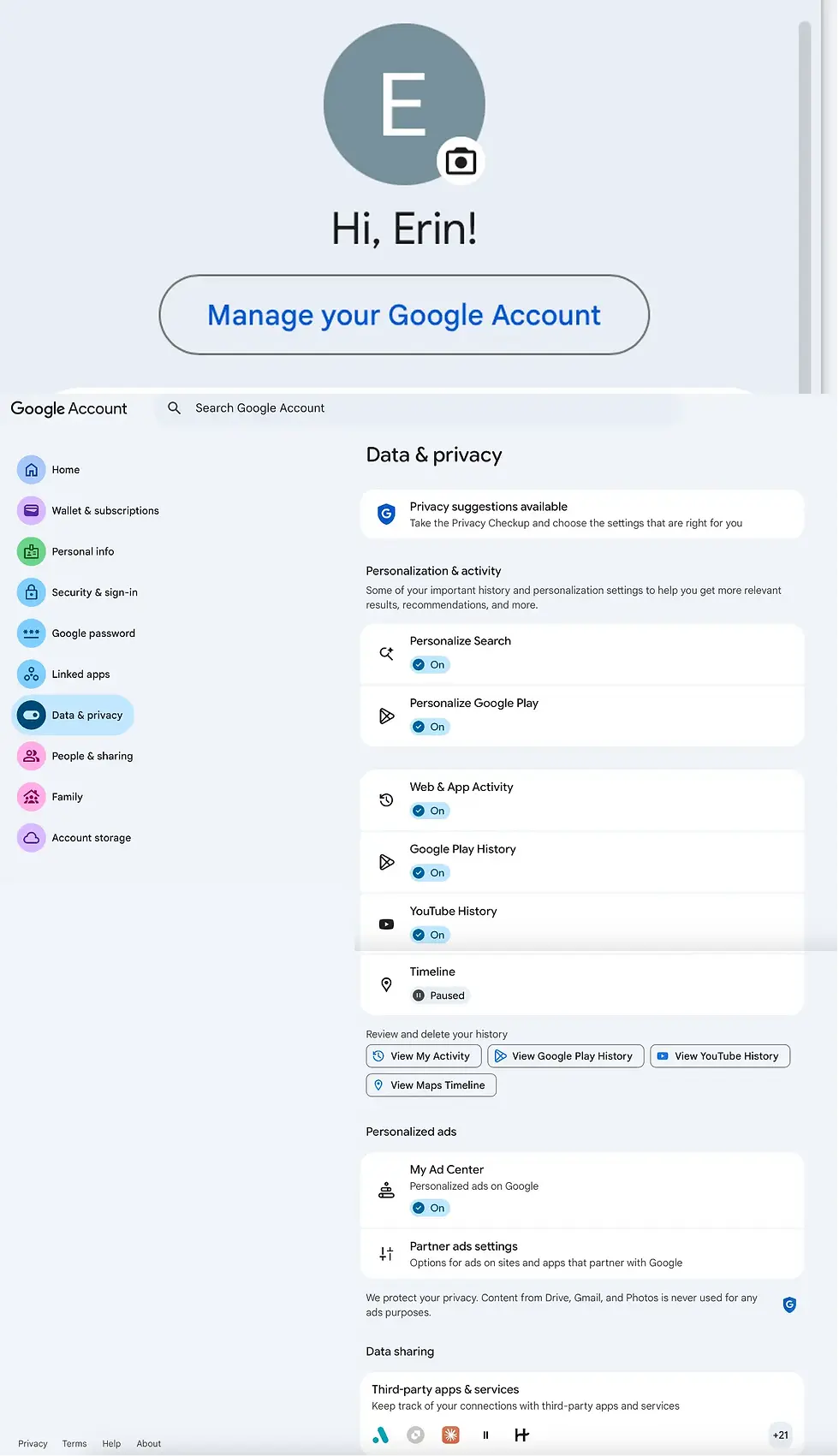 Google Activity Controls page showing Web and App Activity settings and search personalization controls.