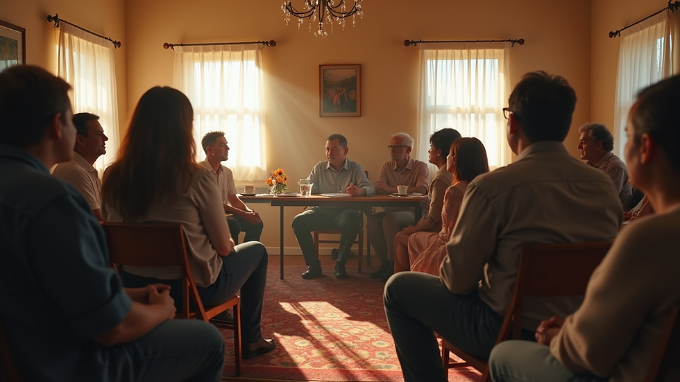 Eye-level view of a community meeting with families sharing stories