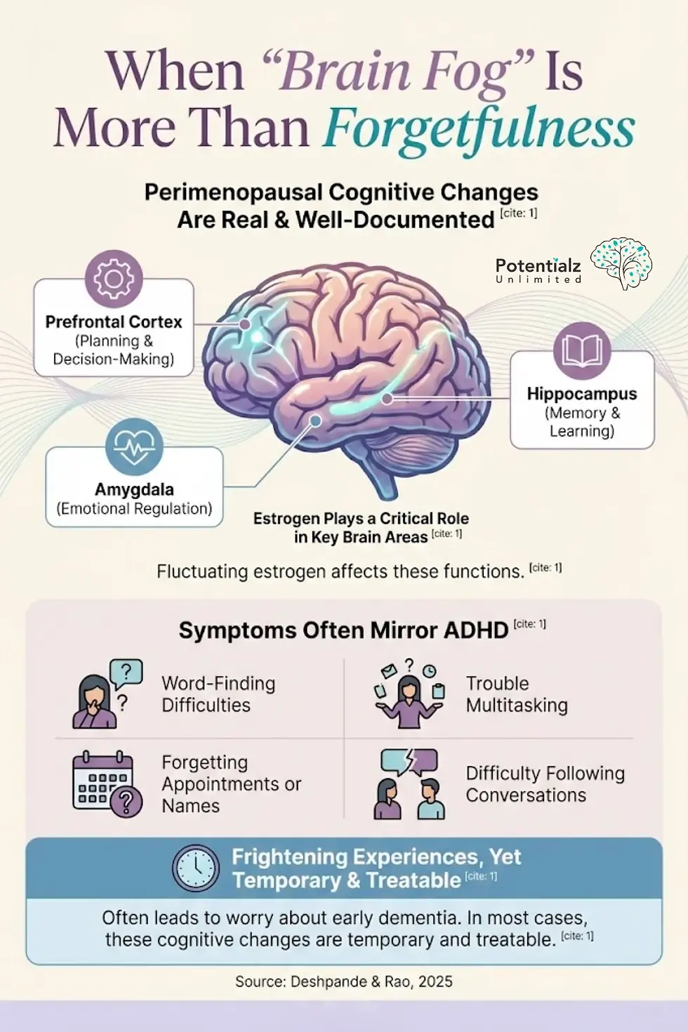 Understanding Perimenopausal Brain Fog: This infographic highlights the real cognitive changes women may experience during perimenopause. It details how fluctuating estrogen levels impact brain areas like the prefrontal cortex for planning, the hippocampus for memory, and the amygdala for emotional regulation. Symptoms often resembling ADHD, such as word-finding difficulties and trouble multitasking, are typically temporary and treatable.