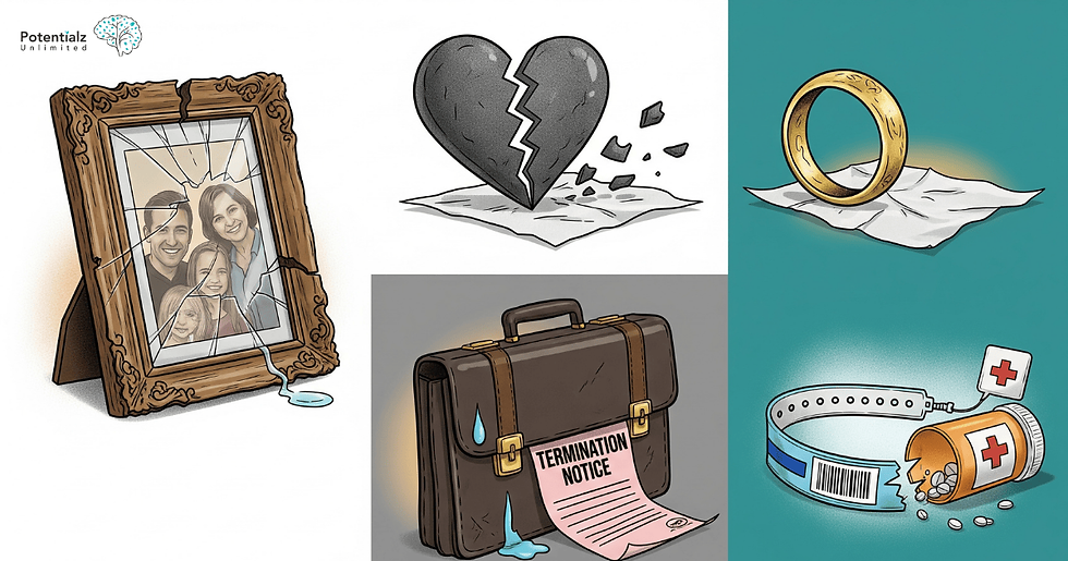 Grief causing situations such as loss of family, relationship breakups, death of someone, job termination