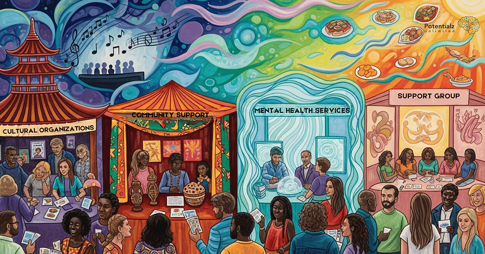 Community members from diverse backgrounds come together at a vibrant resource fair to connect with cultural organizations, mental health services, and support groups, fostering unity and support.