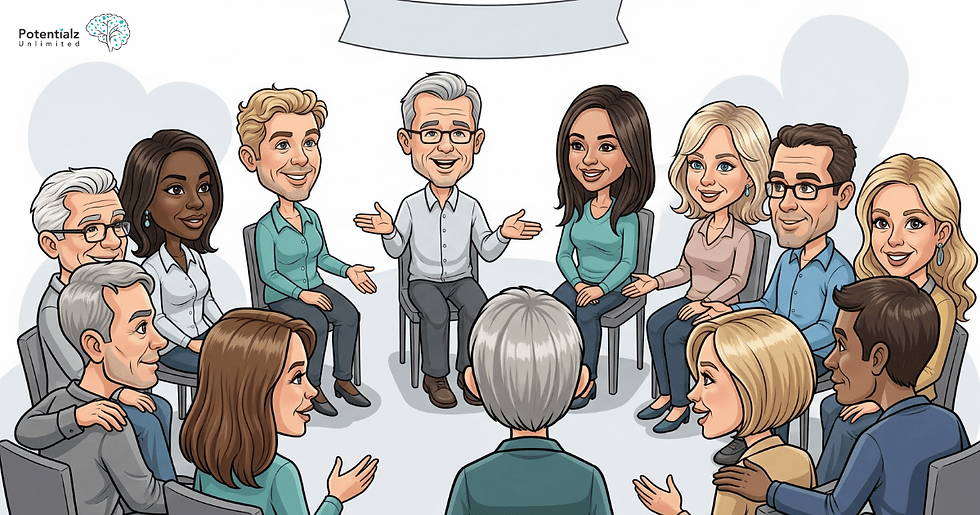 A support group circle with diverse individuals sharing and supporting each other