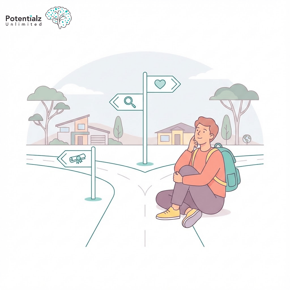 A young adult sits thoughtfully at a crossroads, contemplating choices that symbolize life's diverse paths and the hopeful journey ahead.