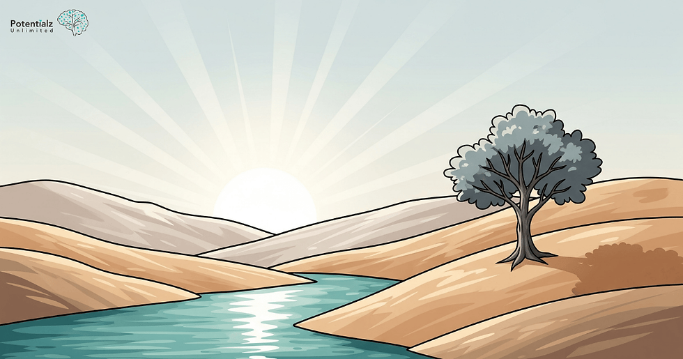 A sunrise over a peaceful landscape, representing hope, new beginnings, and the possibility of healing after loss