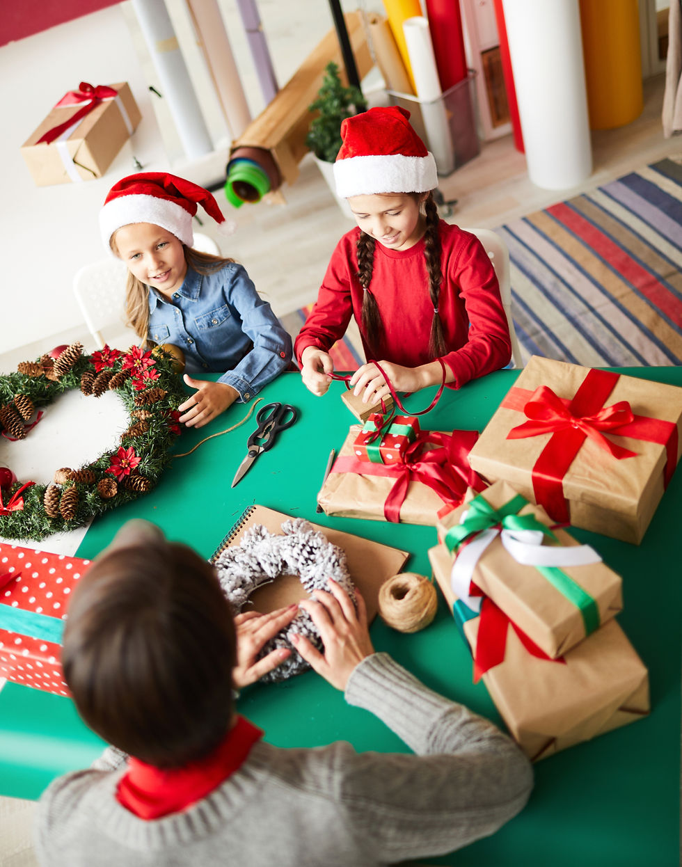 Close-up of several people's feet in cozy woollen socks