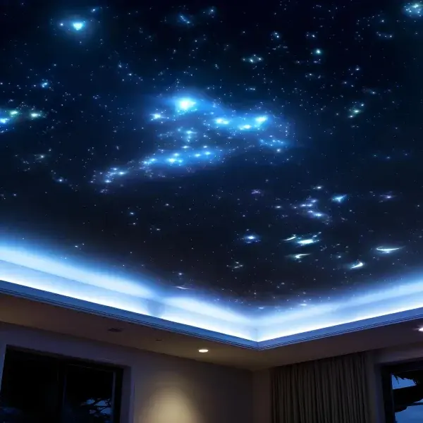 Une chambre avec un plafond peint de étoiles, créant une ambiance nocturne et apaisante.