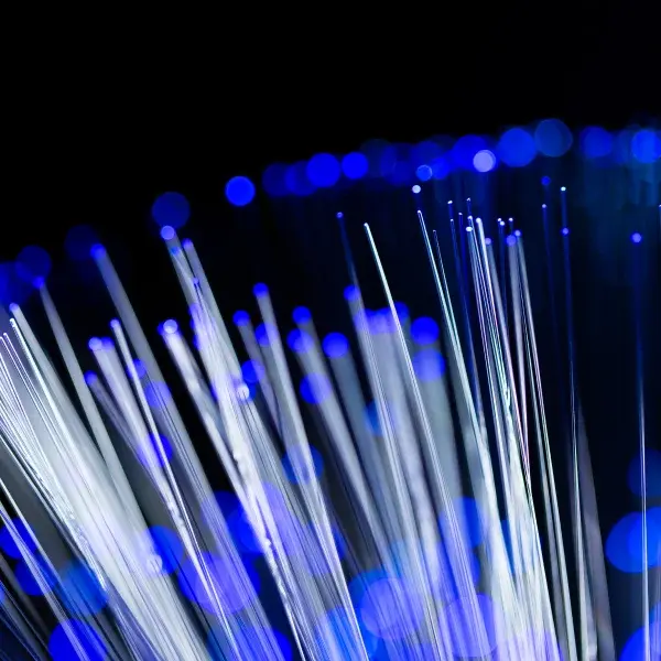 Gros plan sur un câble à fibre optique, illuminé par des lumières évoquant un ciel étoilé.