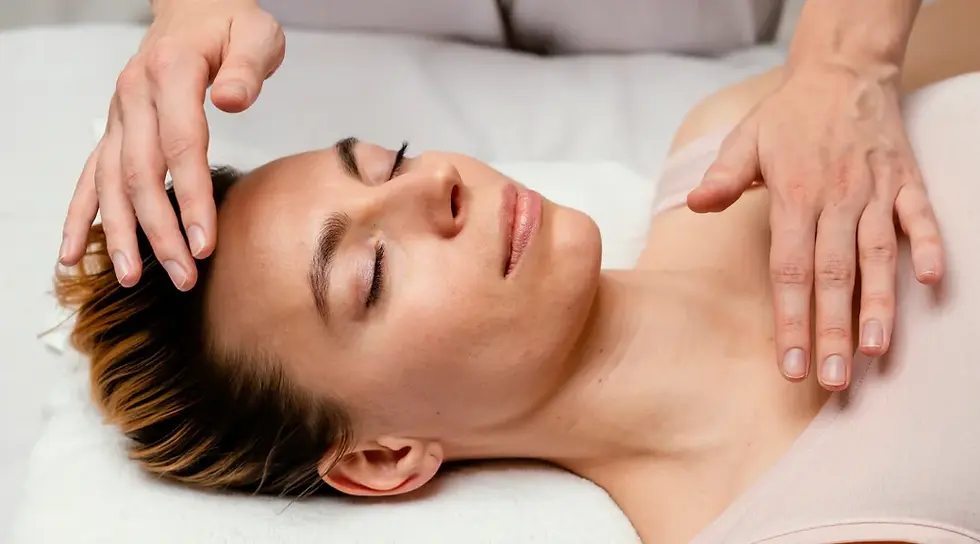 A woman receiving a facial massage focused on stress reduction, with a serene expression and relaxing ambiance.