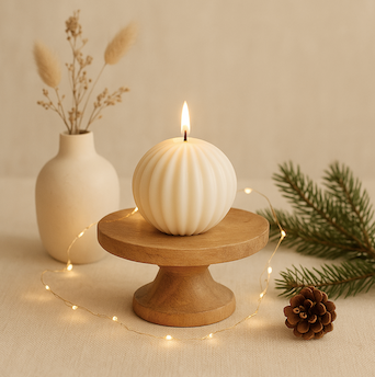 Bougie sculptée en forme de boule de Noël posée sur une sellette avec guirlande lumineuse et accessoires naturels, tons doux blanc et nude.