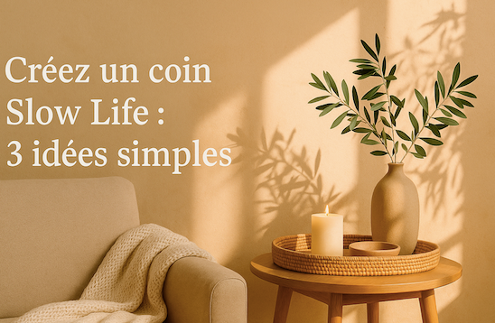 Un espace de vie baigné de lumière naturelle avec plantes vertes, objets en bois et ambiance apaisante pour une décoration slow life estivale.