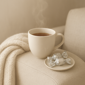 Tasse de thé fumant posée sur un accoudoir de canapé avec plaid et chocolats de Noël, ambiance douce argent et écru.