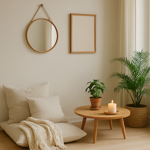 Un coin de pièce minimaliste avec coussins au sol, miroir mural, cadre décoratif et objets en matières naturelles, pour une ambiance douce et sereine.