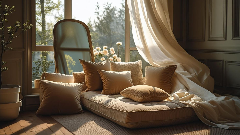 un coin slowly avec un miroir au mur et coussins au sol et un rideau blanc volant au vent