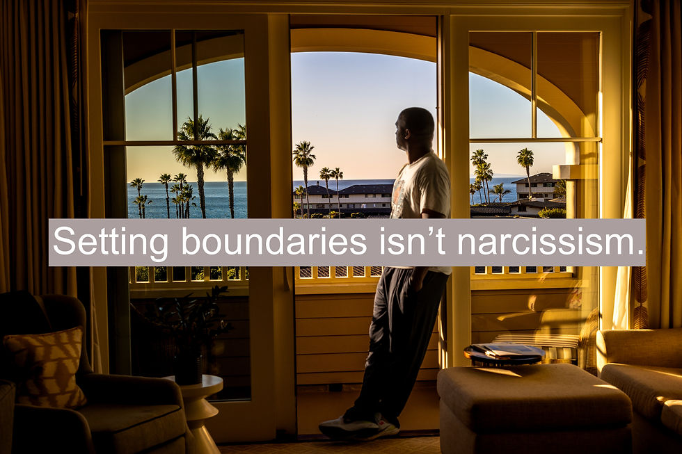 Profile silhouette of Norris Frederick standing on a balcony at sunset, with text overlay reading 'Setting boundaries isn’t narcissism,' symbolizing self-respect and healthy emotional limits.