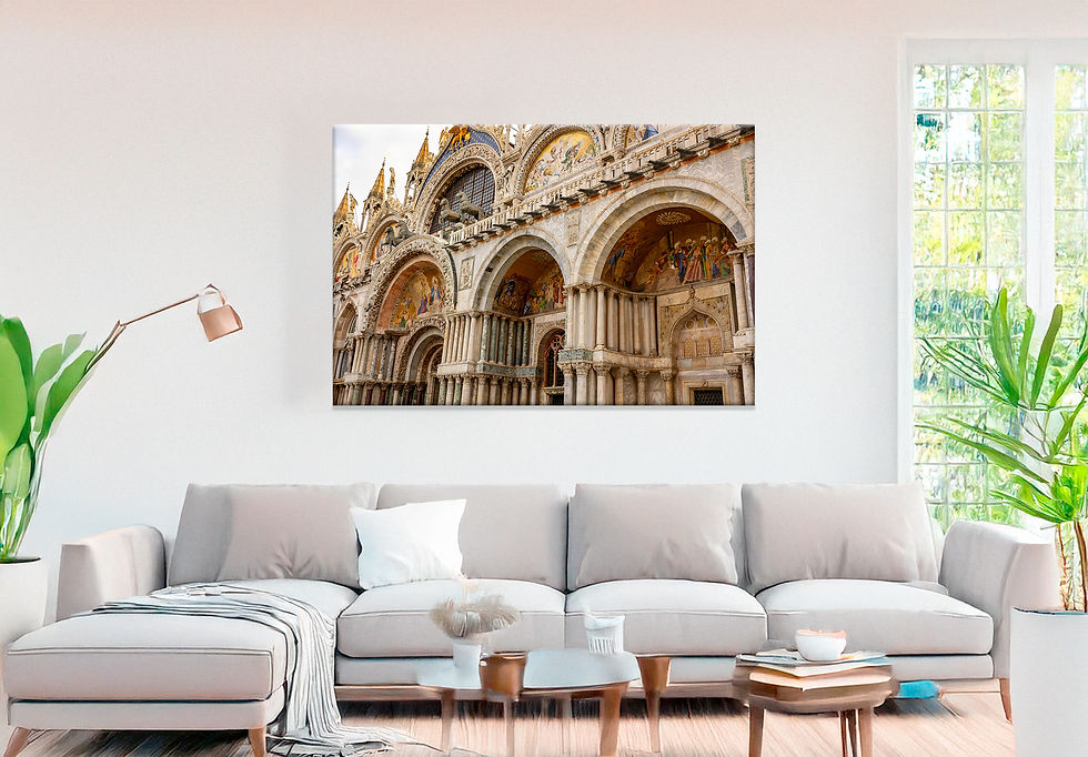 Detailed photograph of St. Mark’s Basilica in Venice, Italy, featuring Byzantine mosaics, marble arches, and the famous bronz