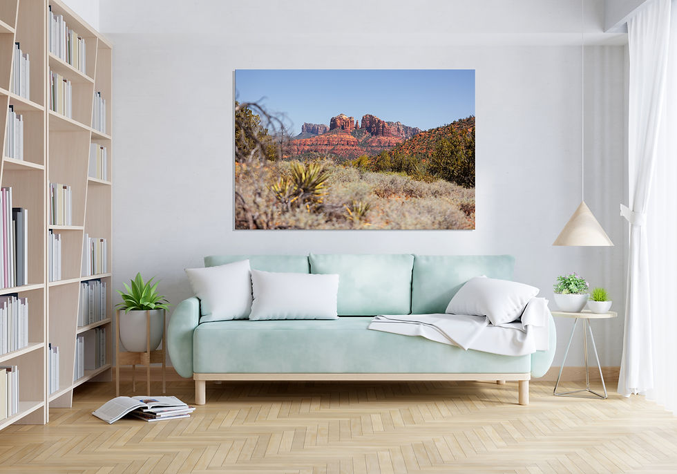 Cathedral Rock in Sedona, Arizona, viewed from a desert trail with red rock formations, desert brush, and clear blue skies.