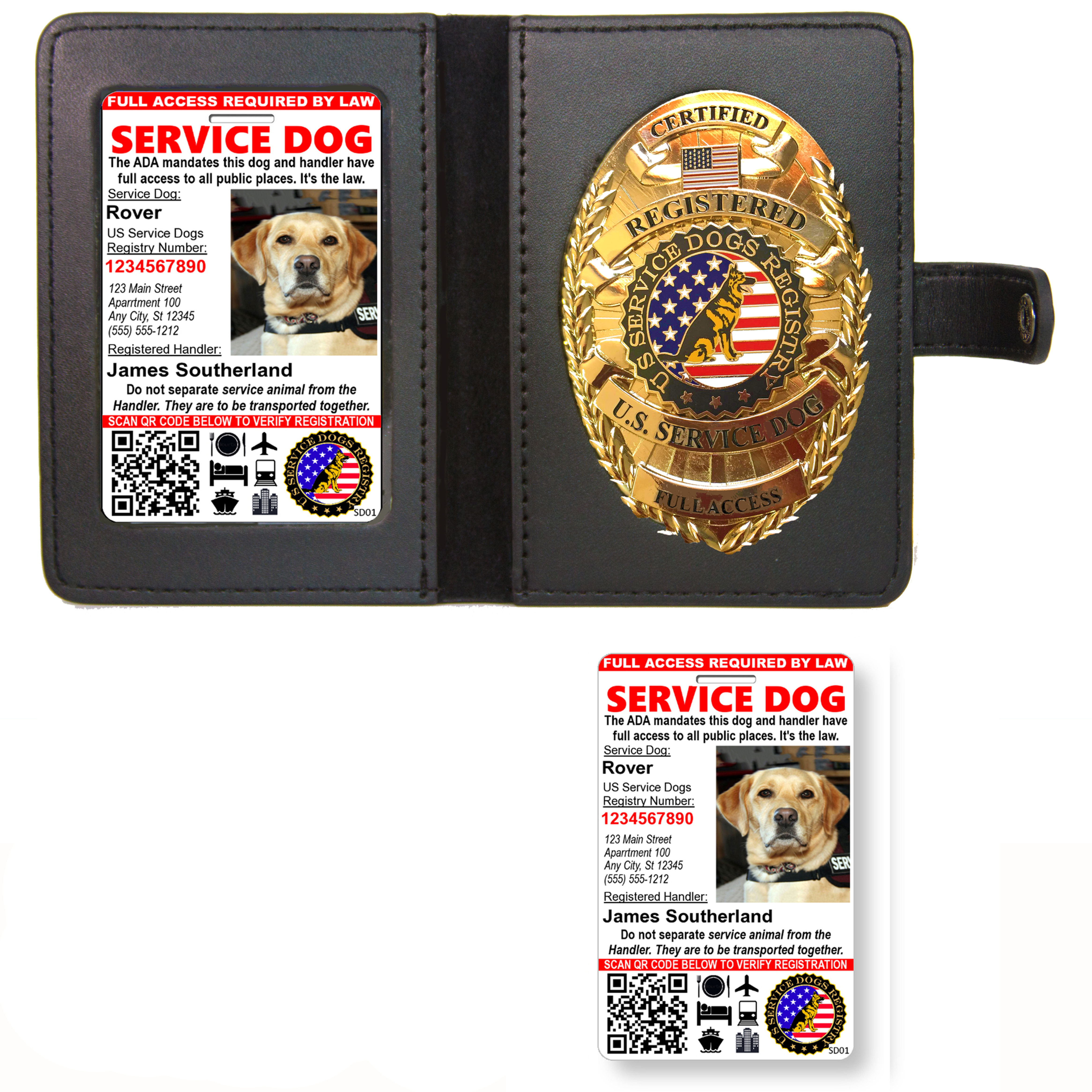 Service Dog Badge & Leather Wallet with 2 Custom Photo IDs