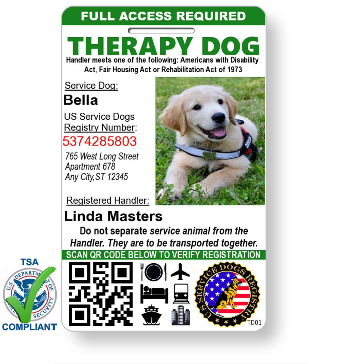 Custom QR Code Therapy Dog ID Card - Portrait