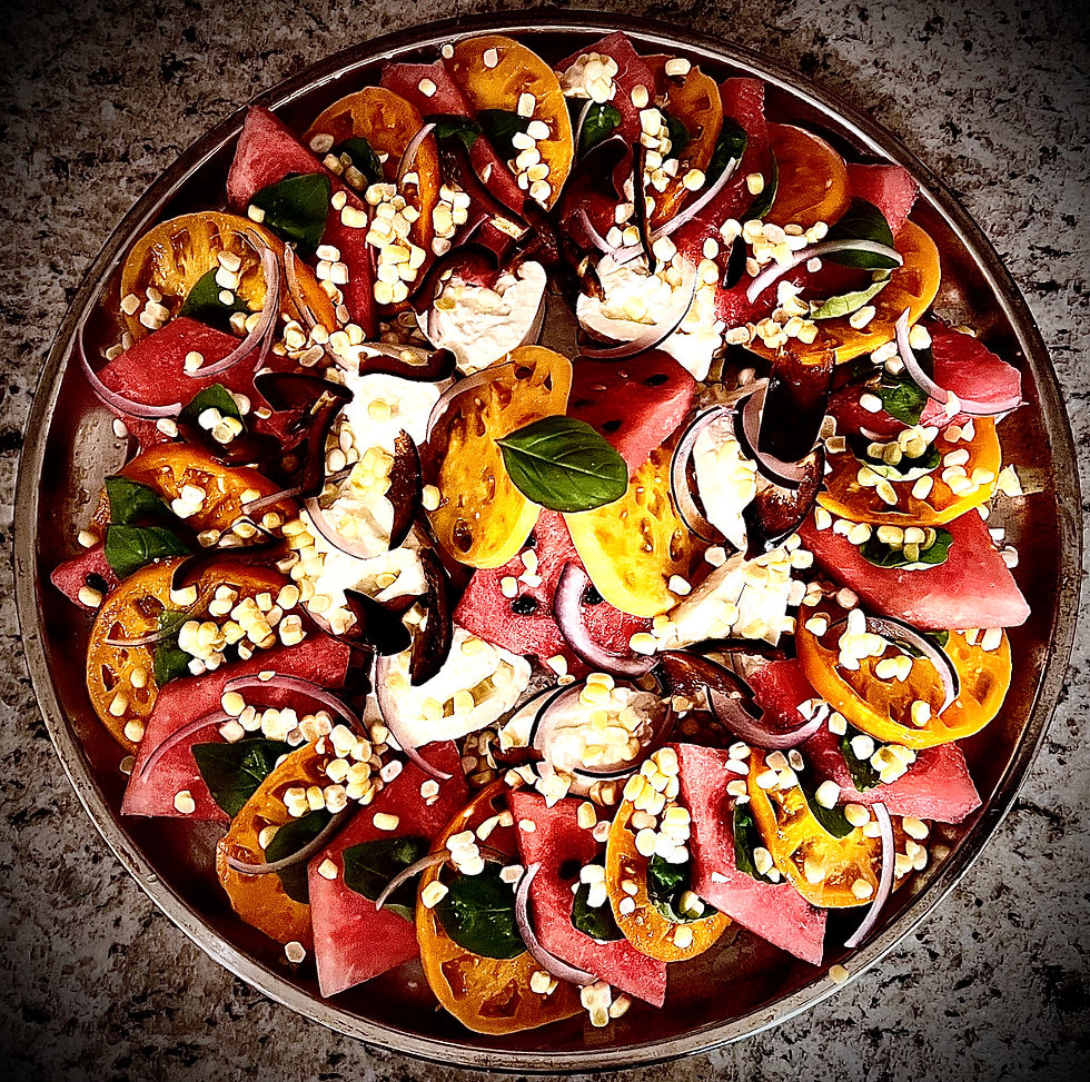 Amish Farm Goodness, Fresh Yellow Tomatoes, Watermelon, Red Onion, Basil, Sweet Corn, and Burrata