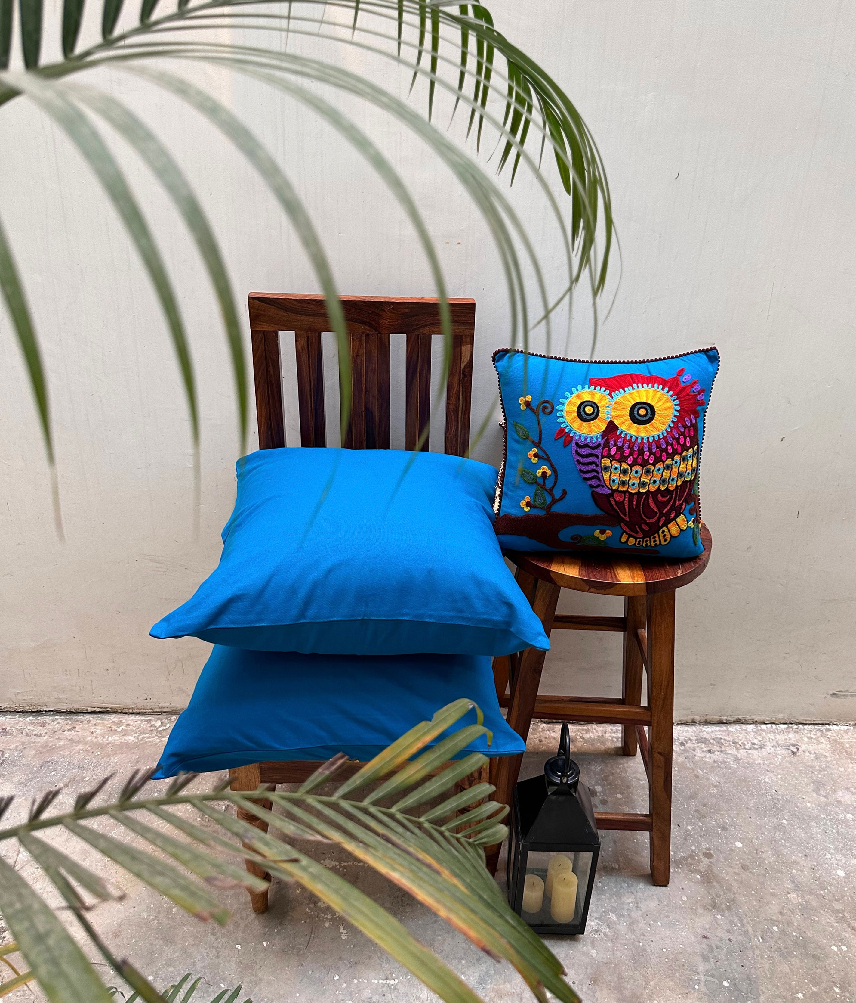 'Neelber' and Owl Blue Cushion Cover (Set of 3)