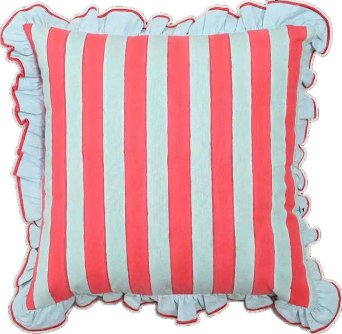 Pillow with coral and white vertical stripes, ruffled trim