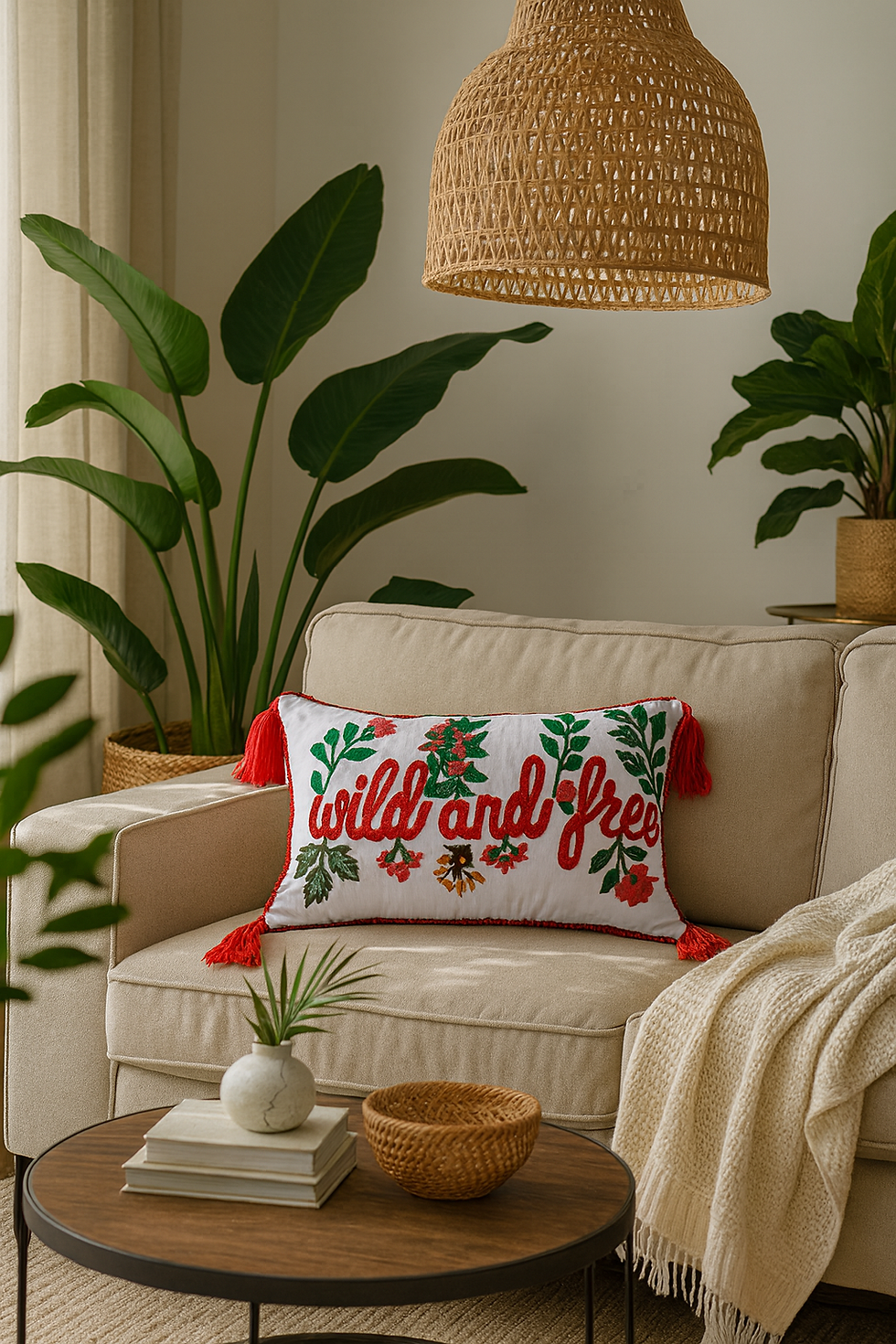 Couch with "wild and free" embroidered pillow
