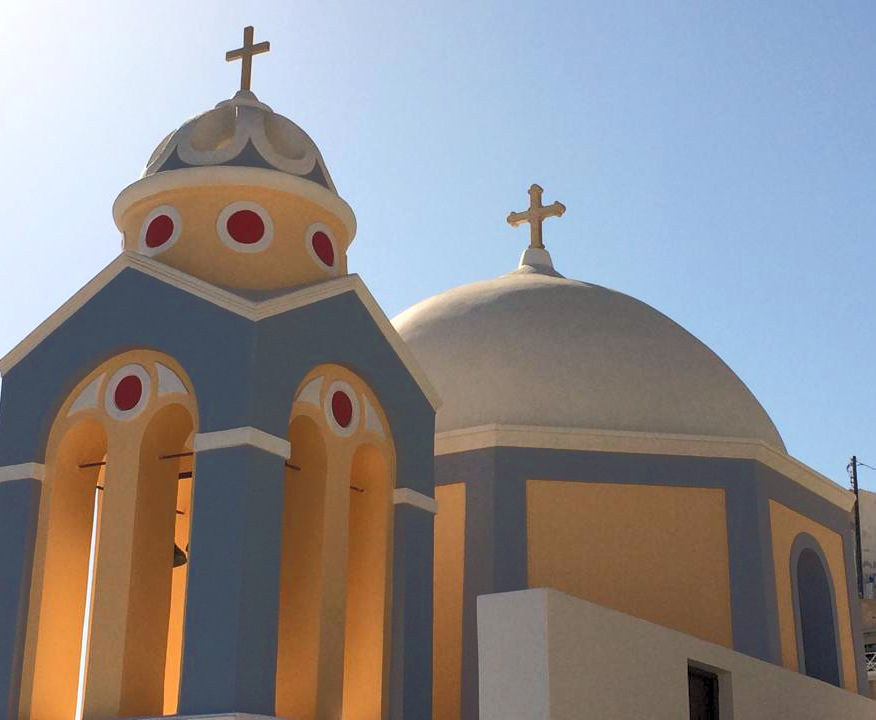 The agios Stylianos Catholic Church in Fira on Santorini, Island in the Aegean Sea, Greece