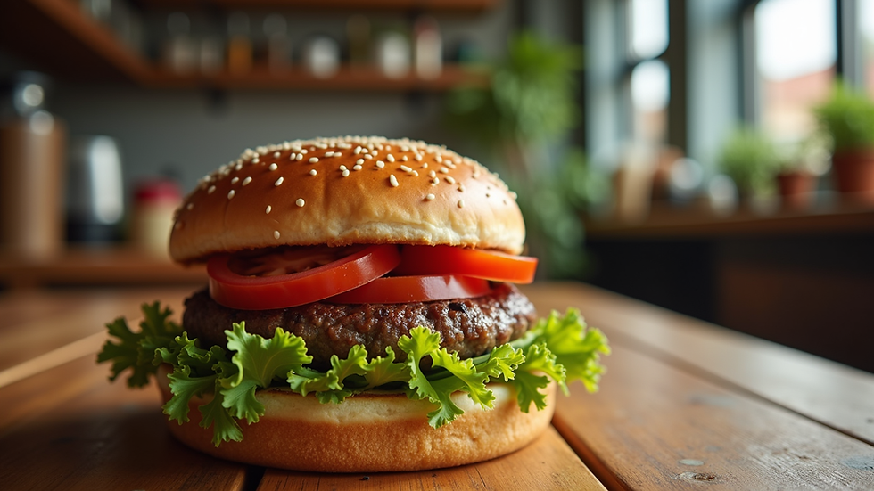 Eye-level view of a fresh burger with lettuce and tomato on a wooden table