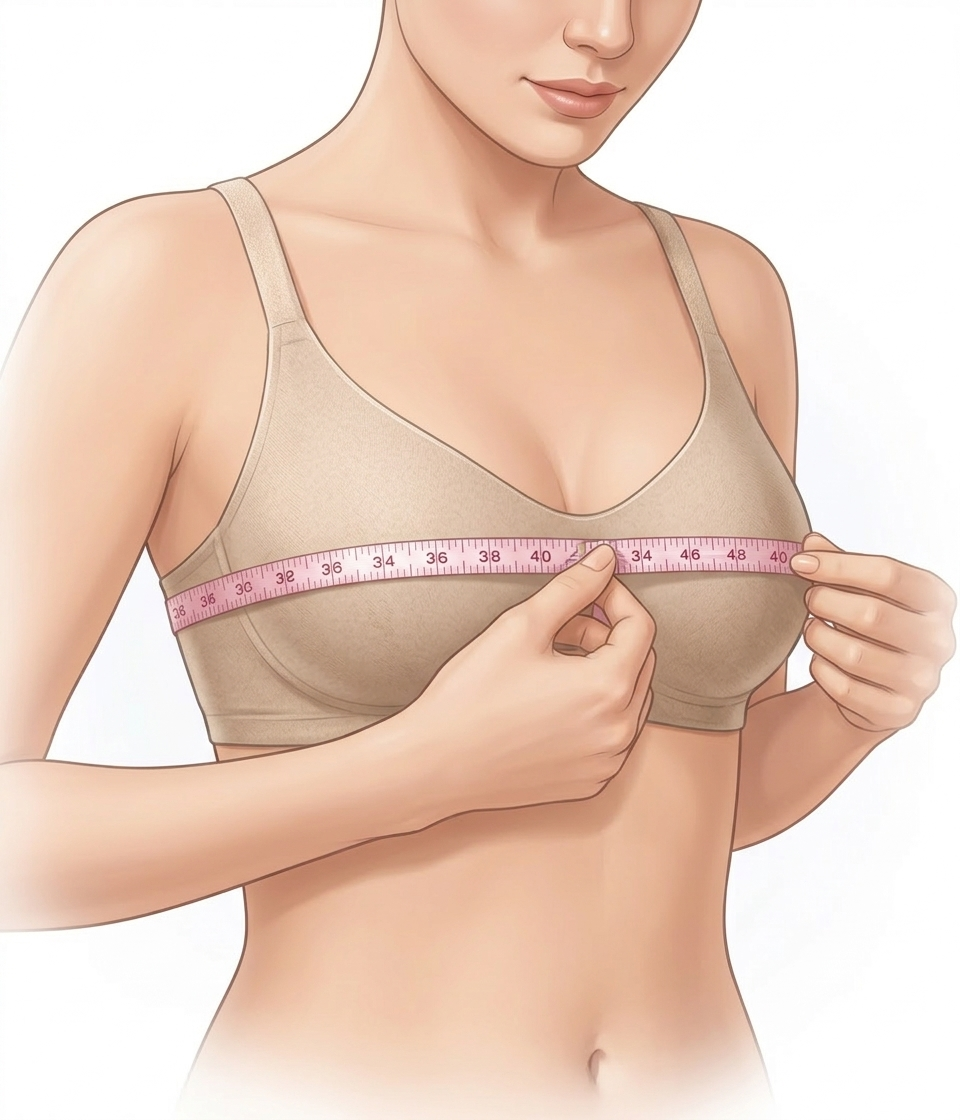 Mujer midiendose su busto para ponerse una faja colombiana