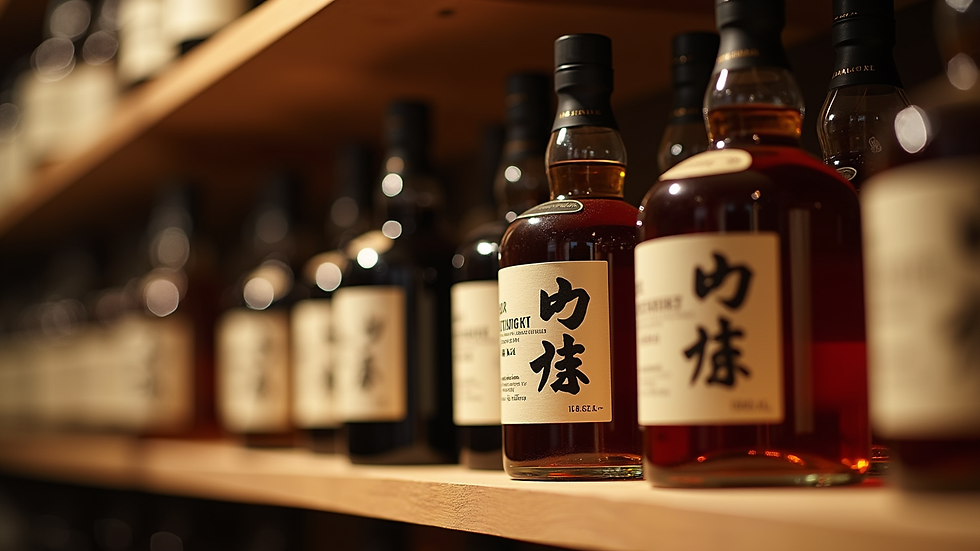 Close-up view of a wooden shelf displaying rare bottles of Japanese whisky
