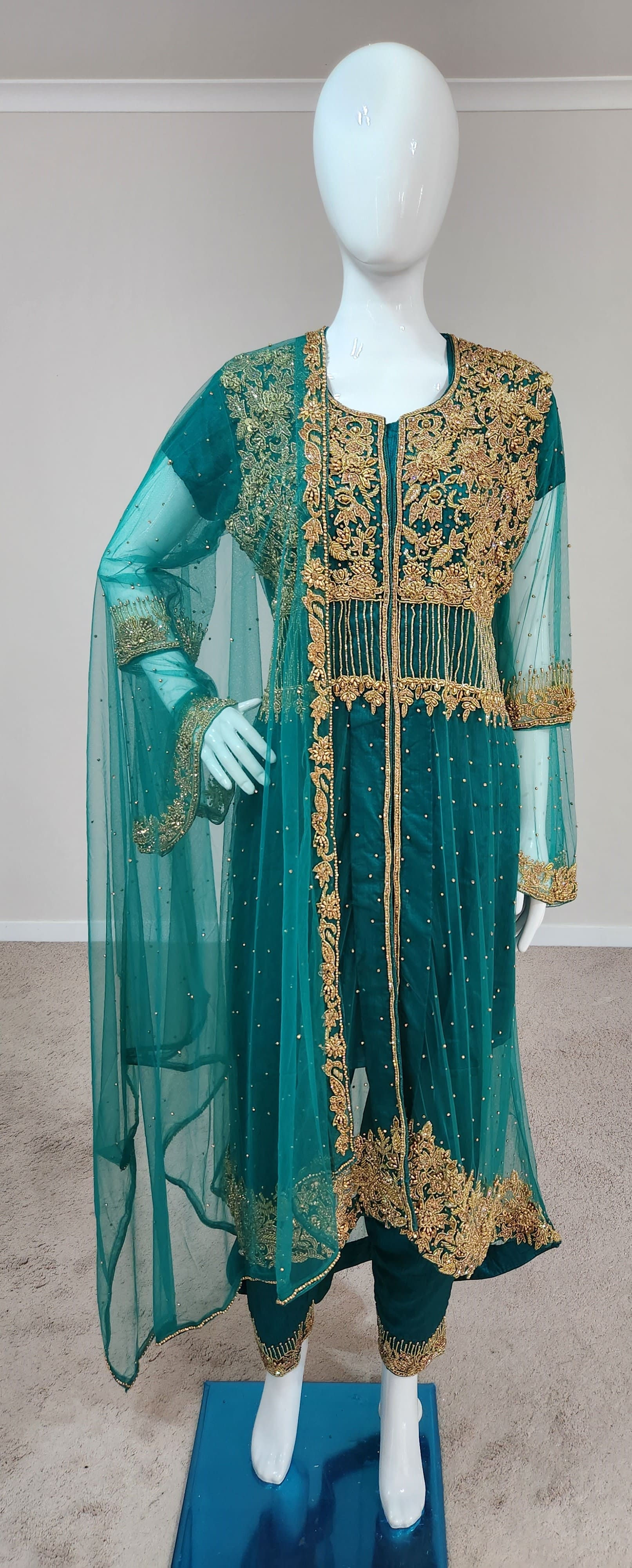 Sea-Green Designer Golden Embroidered Kurta Set