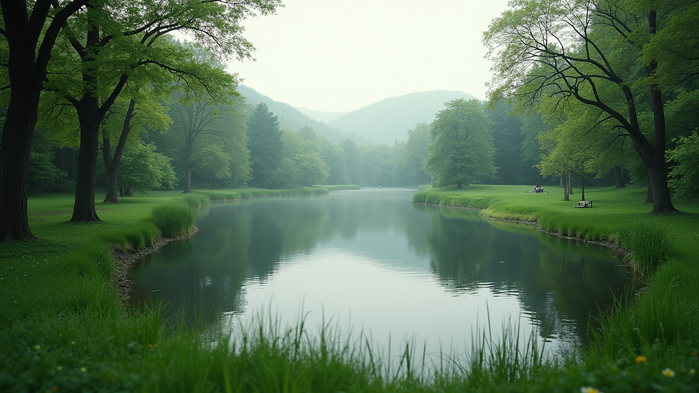 Eye-level view of a serene lake surrounded by lush greenery