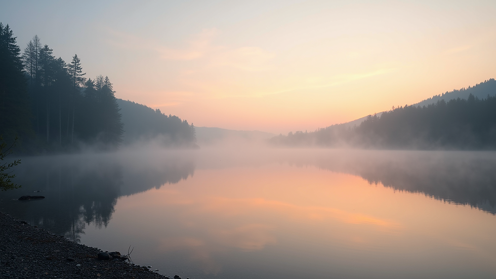 Eye-level view of a serene lake at dawn with mist rising