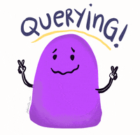 a purple blob with fingers crossed and a wavering smile with the word querying above it's head